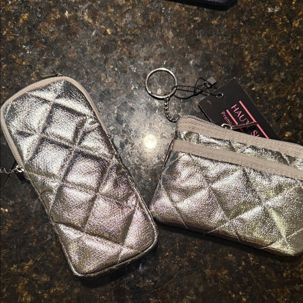 Silver Quilted Pouch Keychain Set amd Sunglass Holder - NWT Zippers